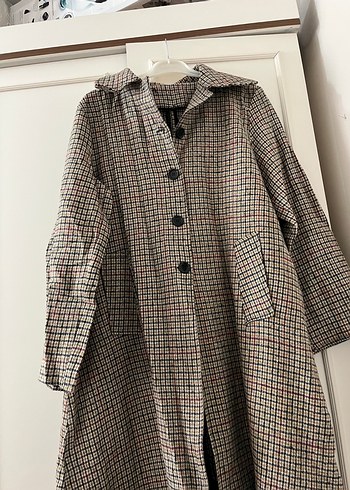 Düğmeli Uzun Ekose Kadın Keten Kaban - Görsel 4