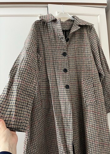 Düğmeli Uzun Ekose Kadın Keten Kaban - Görsel 3