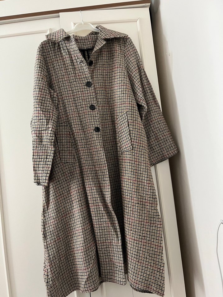 Düğmeli Uzun Ekose Kadın Keten Kaban - Görsel 5