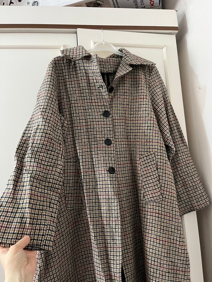 Düğmeli Uzun Ekose Kadın Keten Kaban - Görsel 2