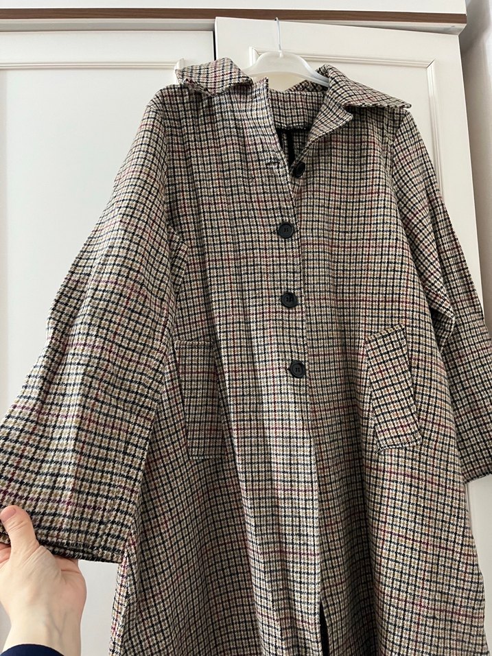 Düğmeli Uzun Ekose Kadın Keten Kaban - Görsel 3