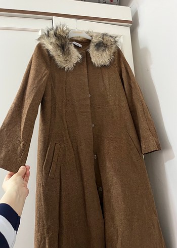 Kahverengi Uzun Keten Kadın Kaban - Görsel 4