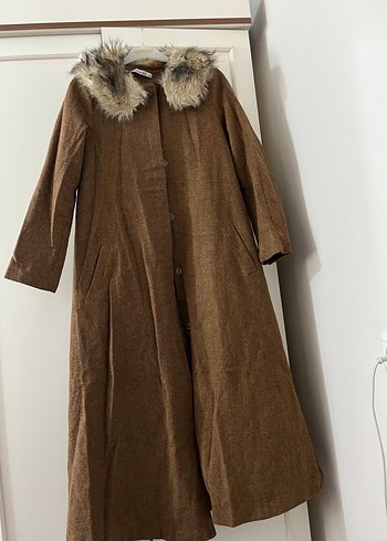 Kahverengi Uzun Keten Kadın Kaban - Görsel 2