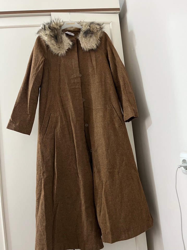 Kahverengi Uzun Keten Kadın Kaban - Görsel 2