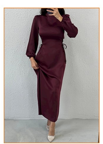 Saten kumaş bordo elbise