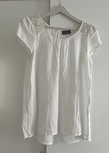 Drapeli Kısa Kollu Beyaz Keten Bluz - Görsel 5