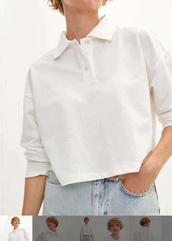 Beyaz Pamuklu Düğmeli  crop tişört - Görsel 2