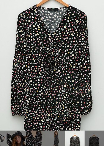 V Yaka Drapeli Siyah Mini Elbise - Görsel 5