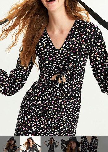 V Yaka Drapeli Siyah Mini Elbise - Görsel 2