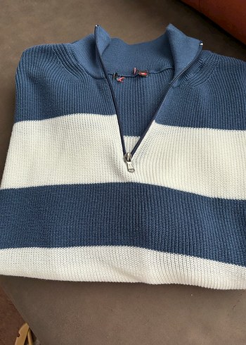 Mavi Beyaz Çizgili Pamuklu Erkek Kısa Kollu Triko - Görsel 7