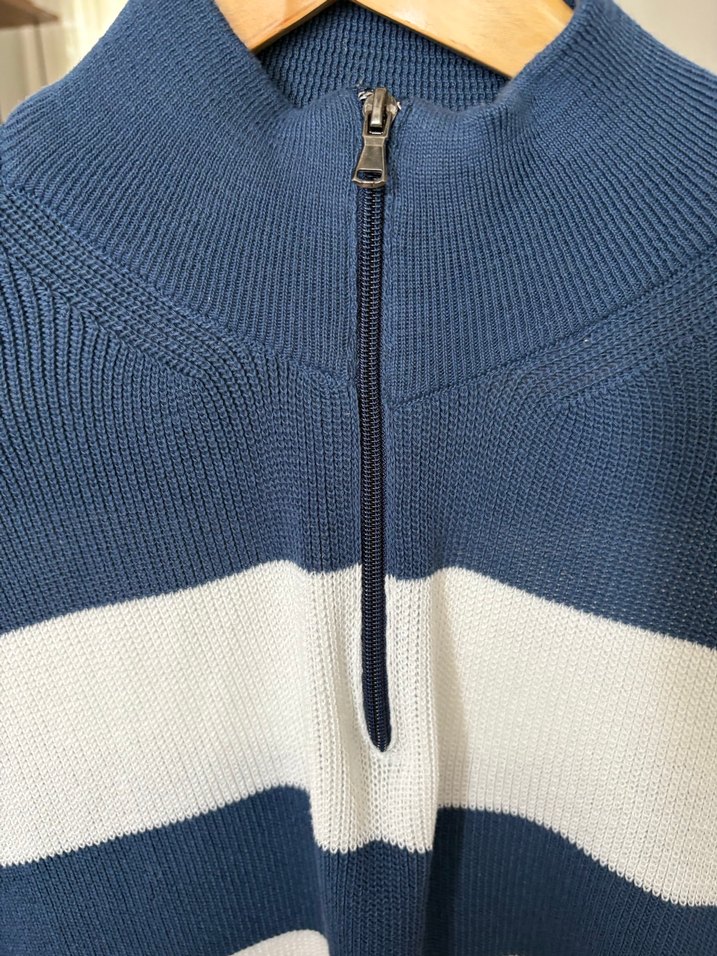 Mavi Beyaz Çizgili Pamuklu Erkek Kısa Kollu Triko - Görsel 5