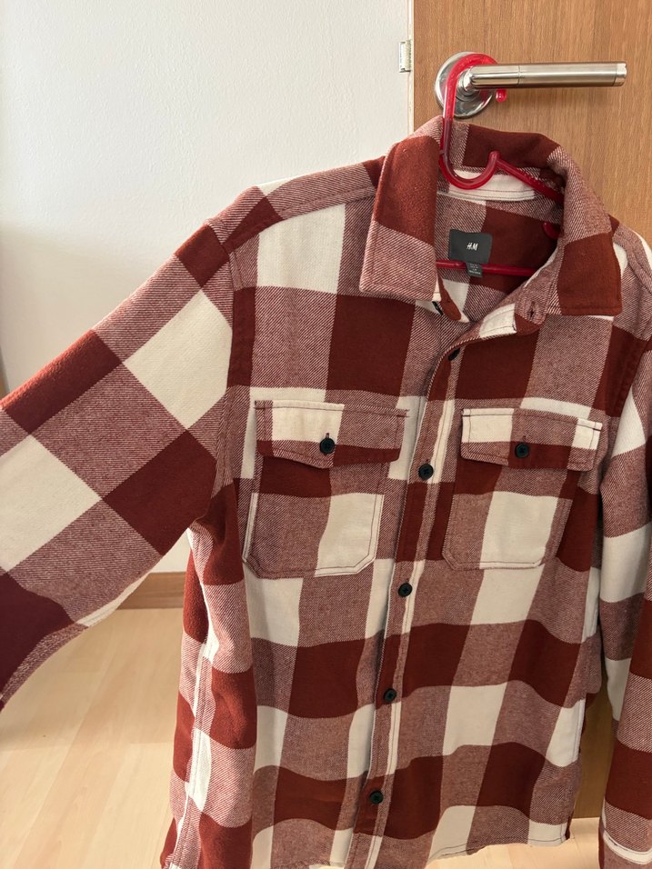 Düğmeli Kareli Unisex Gömlek - Bordo - Görsel 2