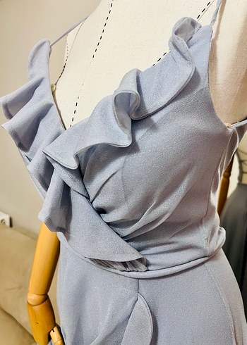 Gri Drapeli Uzun Straplez Abiye Elbise - Görsel 2