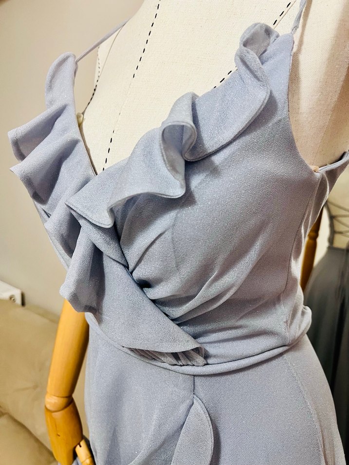 Gri Drapeli Uzun Straplez Abiye Elbise - Görsel 2