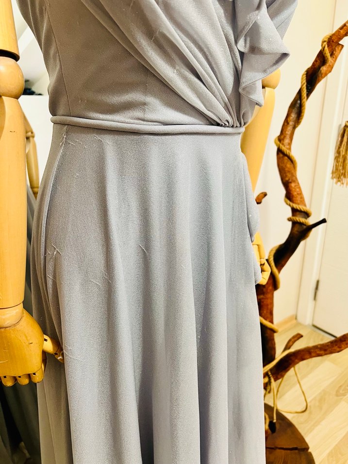 Gri Drapeli Uzun Straplez Abiye Elbise - Görsel 4