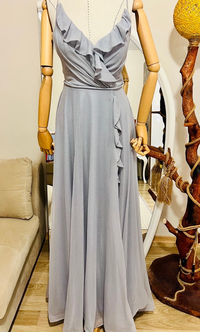 Gri Drapeli Uzun Straplez Abiye Elbise - Görsel 3