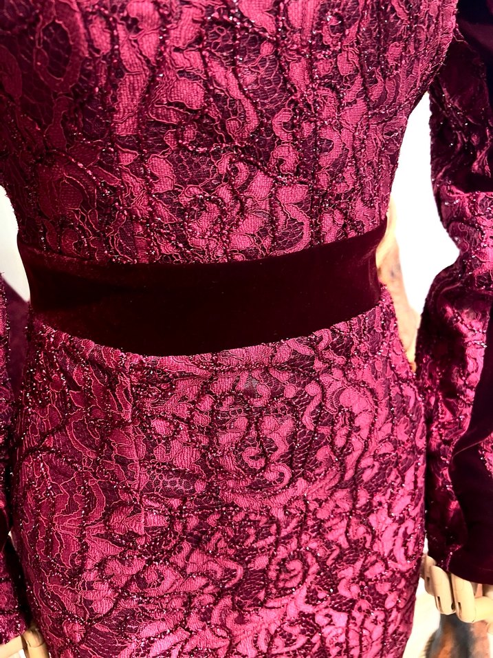 Bordo Dantelli Uzun Elbise - Görsel 2