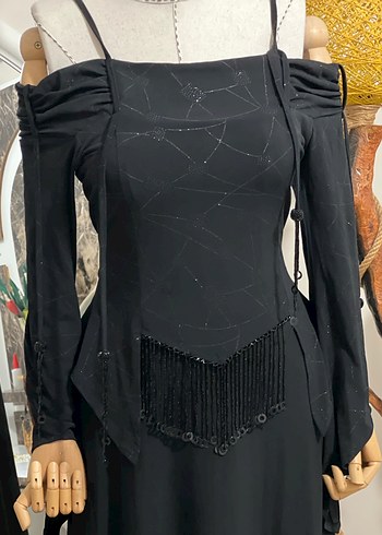 Siyah Straplez Nakışlı Uzun Gotik Elbise - Görsel 2