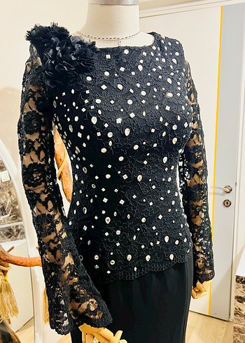 Uzun Kollu Siyah Payetli Abiye Elbise - Görsel 2