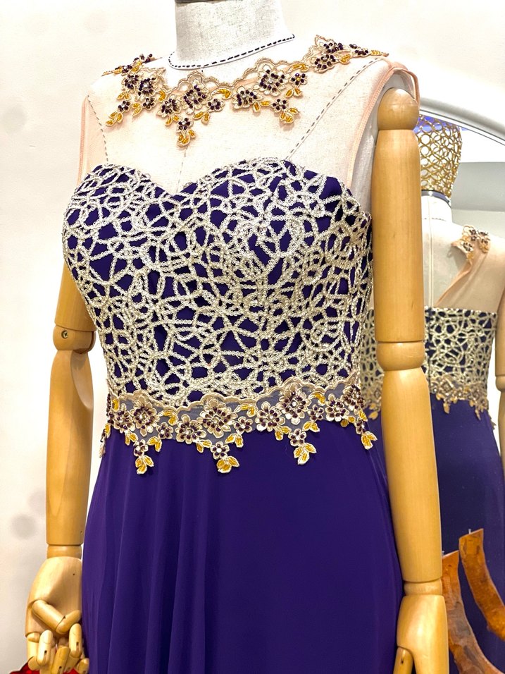 Mor Dantel İşlemeli Uzun Abiye Elbise - Görsel 2