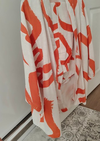 m Beden Turuncu Baskılı Uzun Pleated Kadın Kimono takım