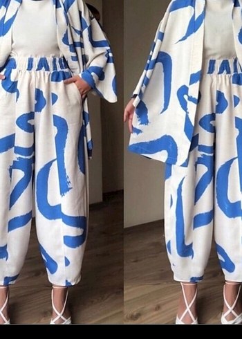 Mavi Batik Desenli keten takım