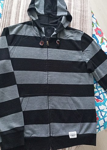 Diğer Siyah Gri Cizgili Kapusonlu Fermuarli Sweatshirt