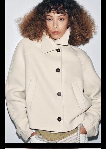 Düğmeli Beyaz Kısa Kadın Kaban yün Zara - Görsel 5