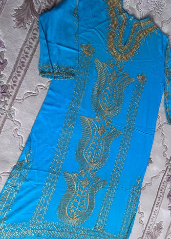 Turkuaz Nakışlı Uzun Bohem Elbise - Görsel 2