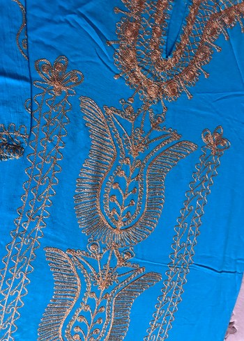 Turkuaz Nakışlı Uzun Bohem Elbise - Görsel 3