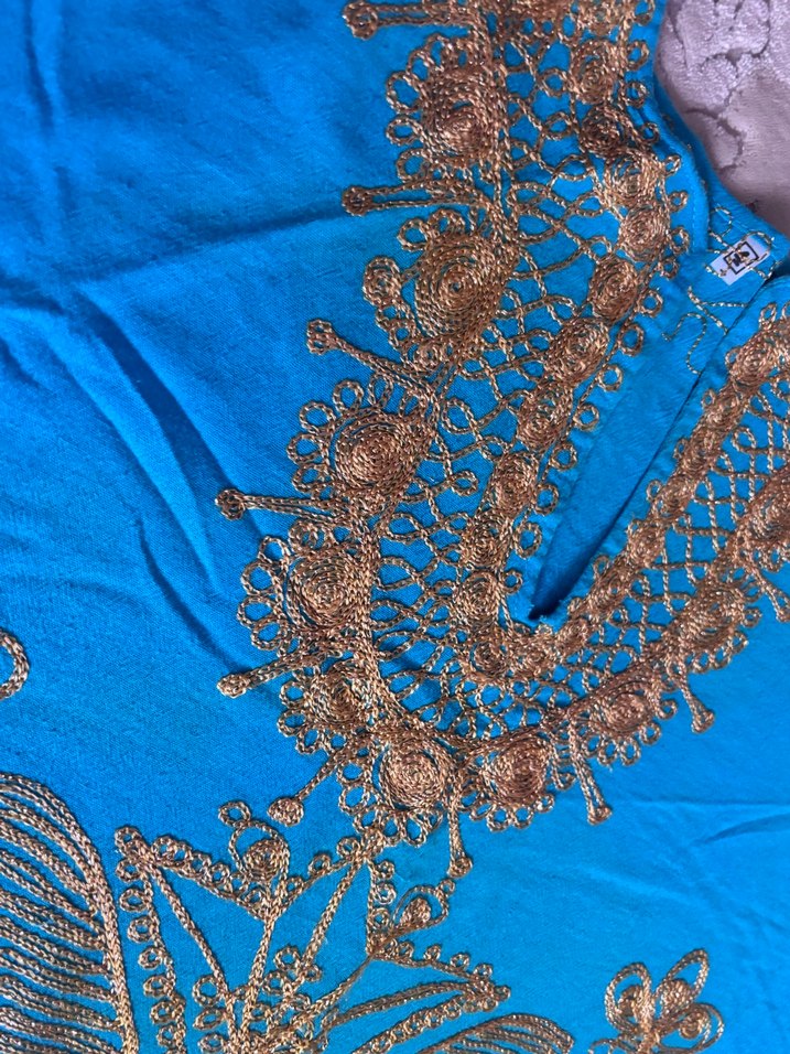 Turkuaz Nakışlı Uzun Bohem Elbise - Görsel 5