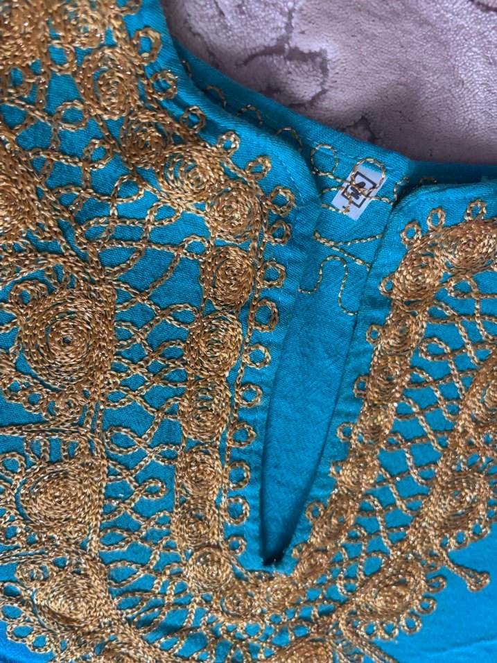 Turkuaz Nakışlı Uzun Bohem Elbise - Görsel 4