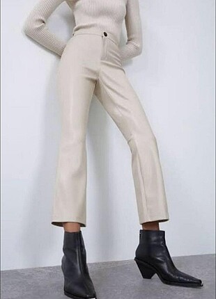 Zara Deri Bej Pantolon Mini Flare 