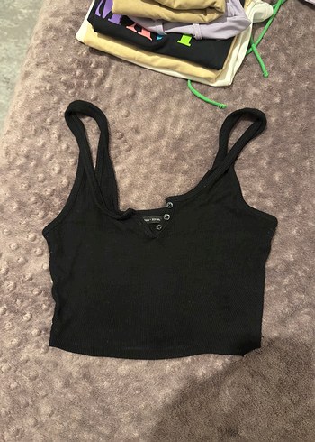 Düğmeli Siyah V Yaka Kadın Crop Top