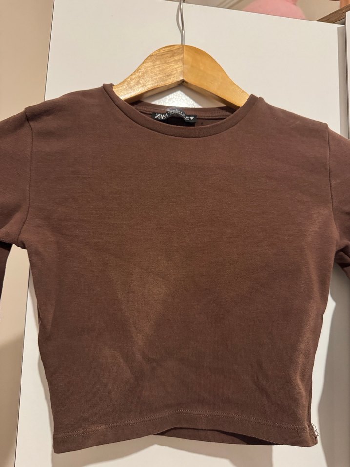 Kahverengi Uzun Kollu Kadın Crop Top - Görsel 2