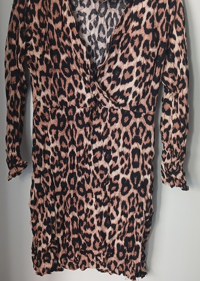Leopar elbise v yaka kruvaze - Görsel 2