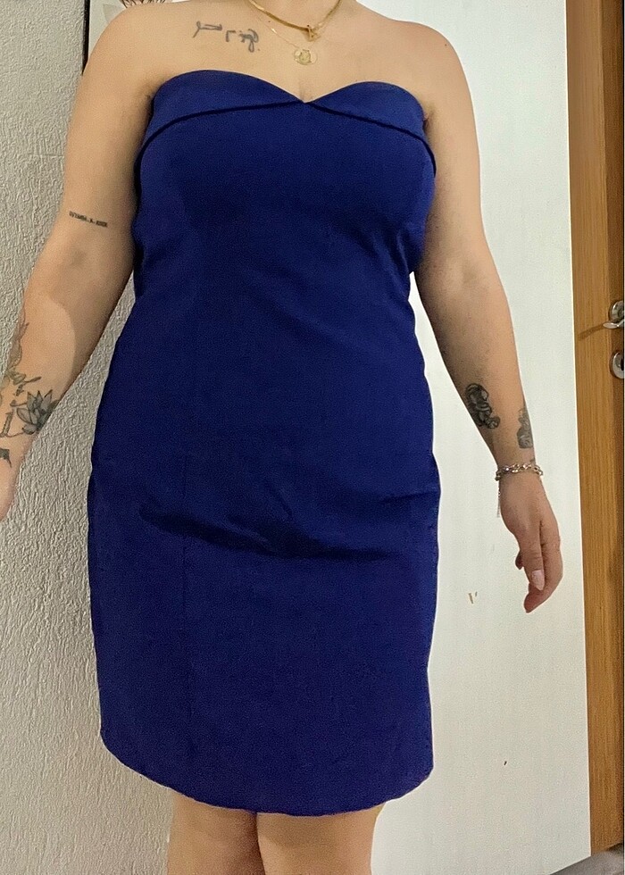 saks mavi kısa abiye elbise - Görsel 3