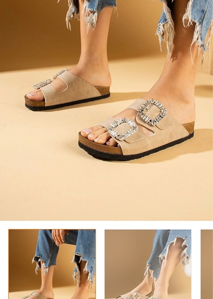 Birkenstock taşlı tokalı bej terlik - Görsel 2