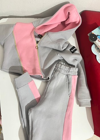 Gri Pembe Kapüşonlu  Eşofman Takımı - Görsel 2