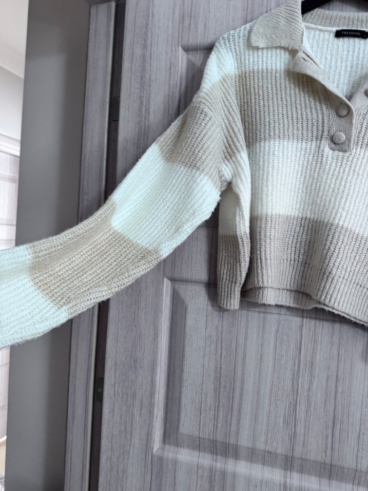 Gri Çizgili Örgü Kadın Kazak - Görsel 4