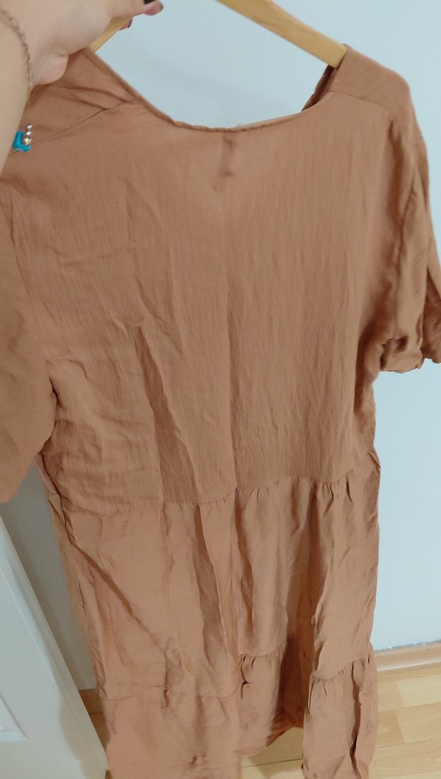 Bej Keten Midi Elbise Ruffle Detaylı - Görsel 3