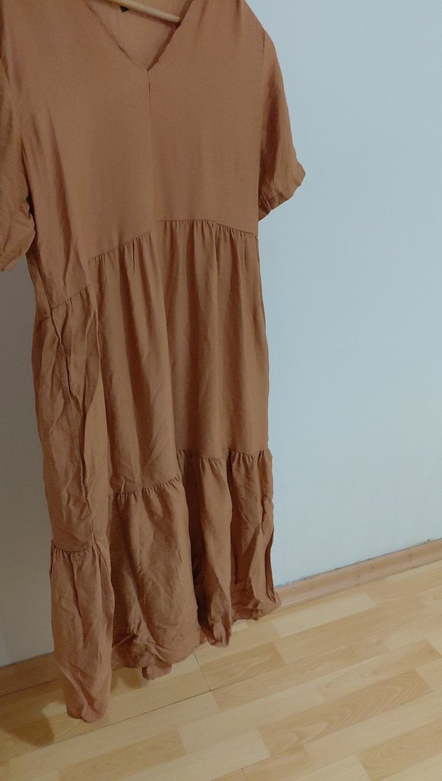 Bej Keten Midi Elbise Ruffle Detaylı - Görsel 2