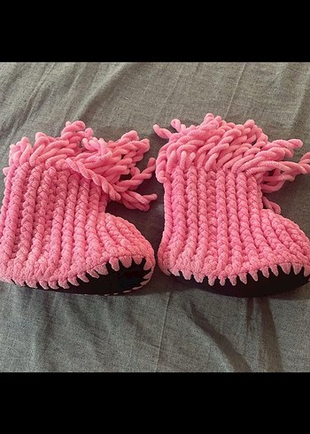 Kızlar için Pembe Örgü Yün Ev Terliği - Görsel 2