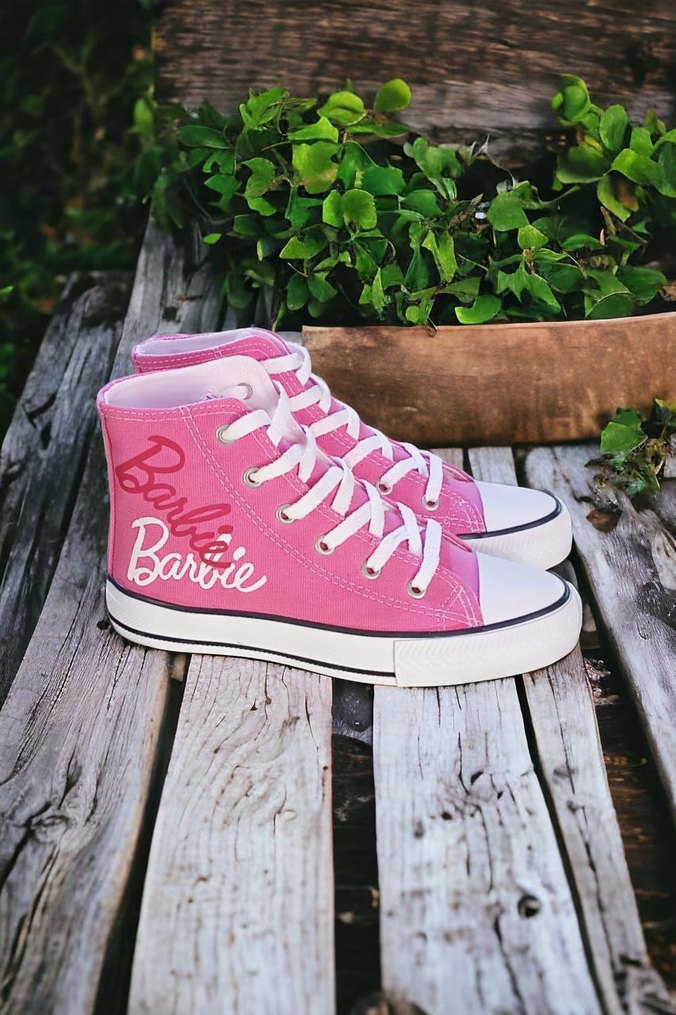 Pembe Barbie Baskılı Yüksek Top Kadın Spor Ayakkabı - Görsel 2