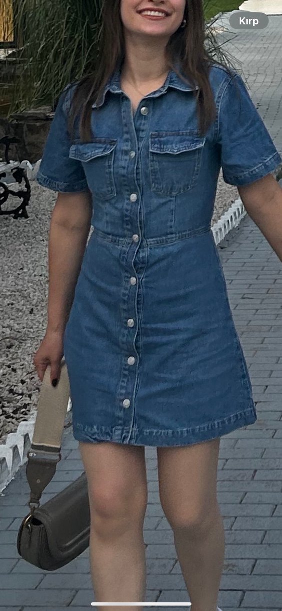 Zara Düğmeli Kısa Kollu Mavi Denim Elbise - Görsel 2