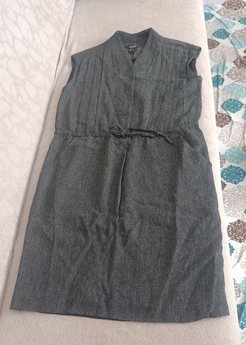 Gri Keten Kemerli Hamile Midi Elbise - Görsel 4