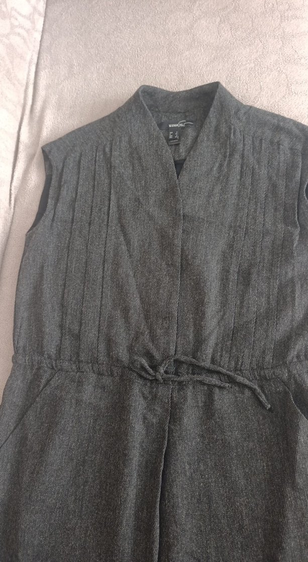 Gri Keten Kemerli Hamile Midi Elbise - Görsel 2