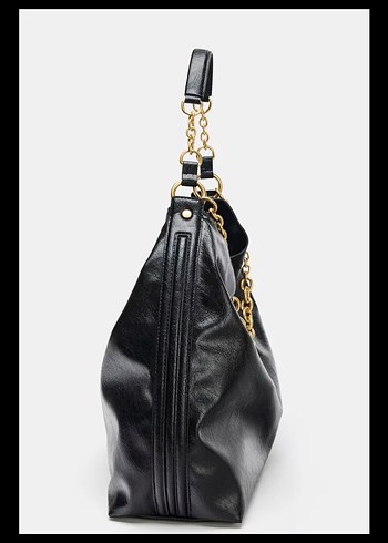 Zincir Detaylı Parlak Siyah Deri El Çantası - Görsel 2