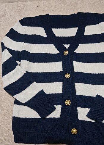 Düğmeli Çizgili Lacivert Kadın Hırka - Görsel 2