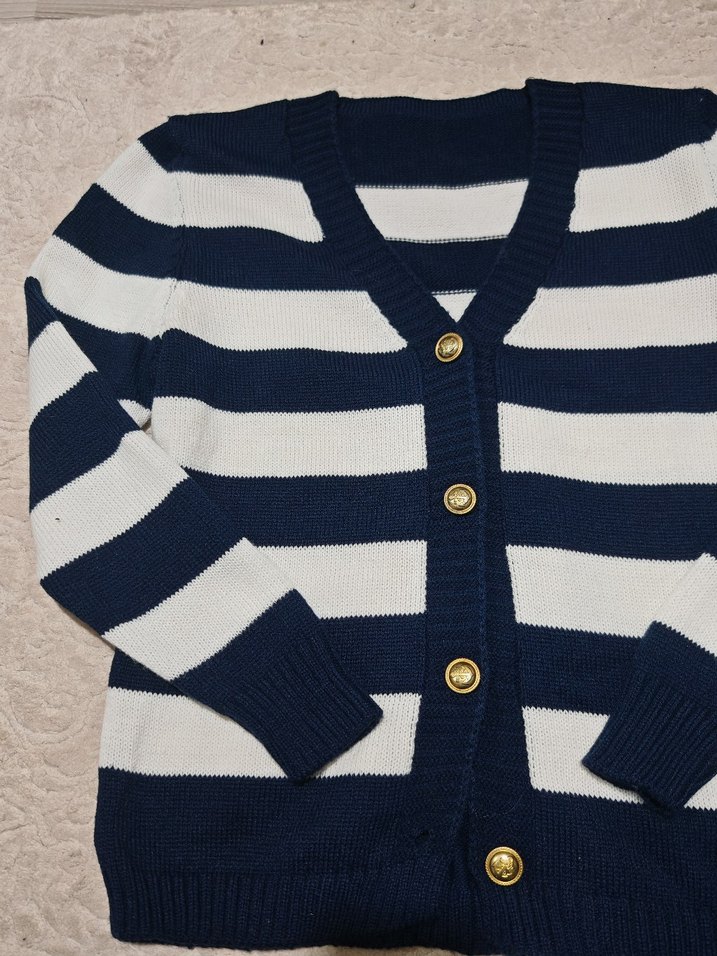 Düğmeli Çizgili Lacivert Kadın Hırka - Görsel 2